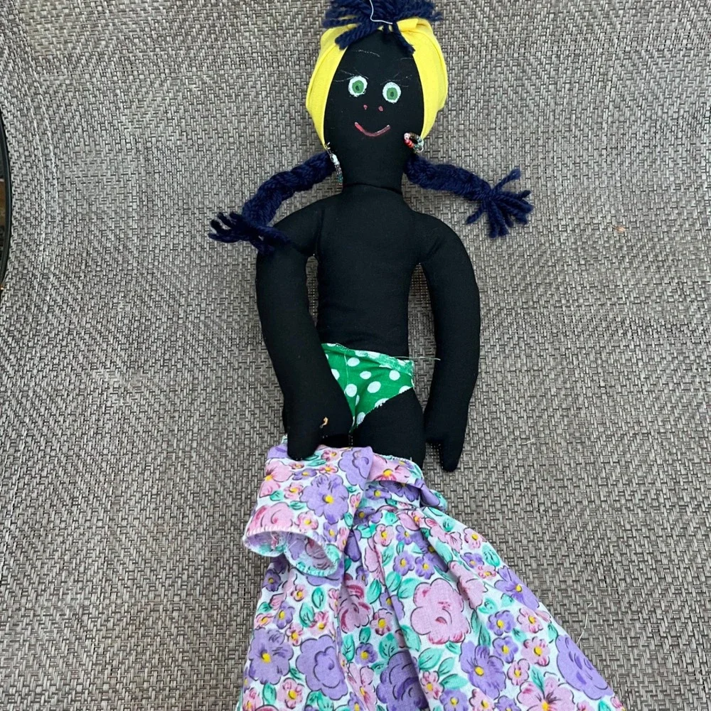 Vintage Venezuelan Folk Art Cloth Doll Handmade Floral Dress Yellow Headwrap 16